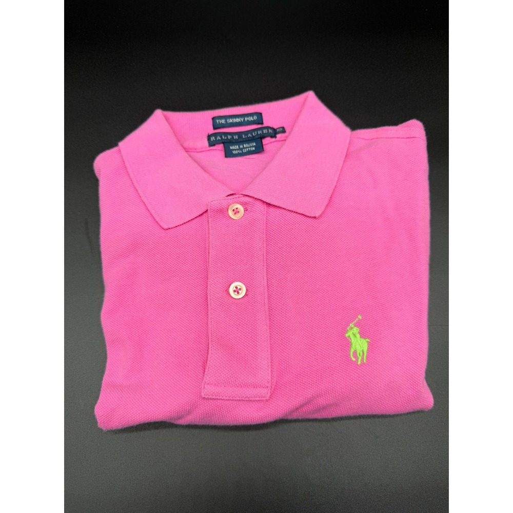 Ralph Lauren The‎ Skinny Polo Shirt Pink Cotton Mesh Lime Green Pony XS - Picture 5 of 8